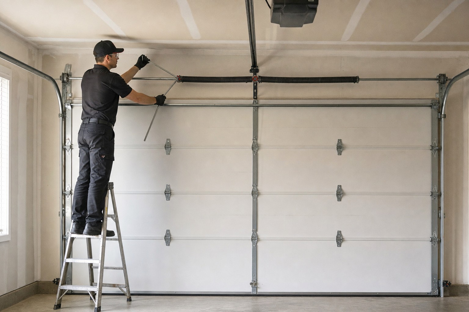A technician in a black cap, safety glasses and gloves stands on a stepladder, turning a winding bar in the torsion spring ab