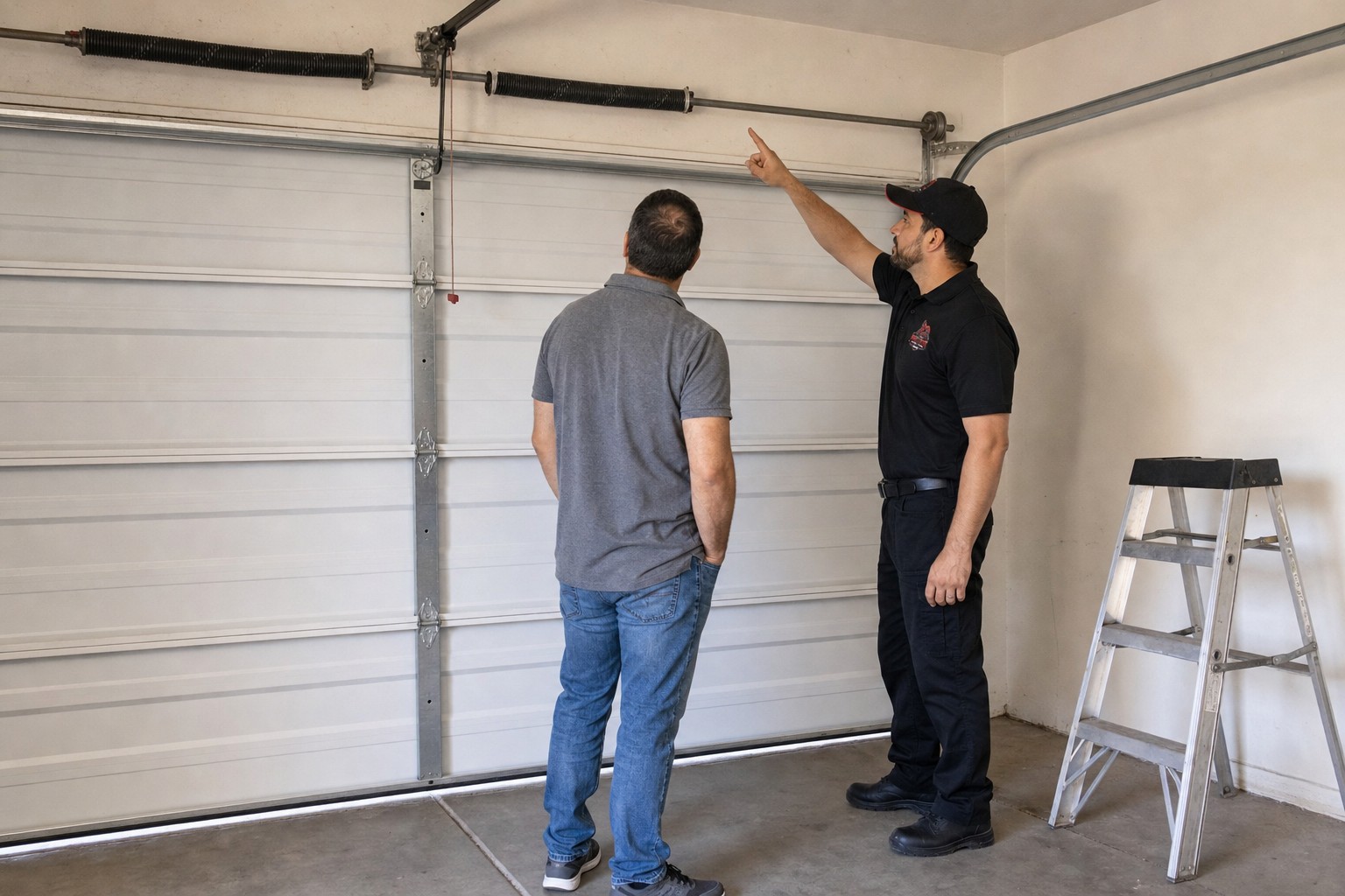 A technician in a black uniform and cap points up at the torsion springs above a closed garage door while a homeowner looks o