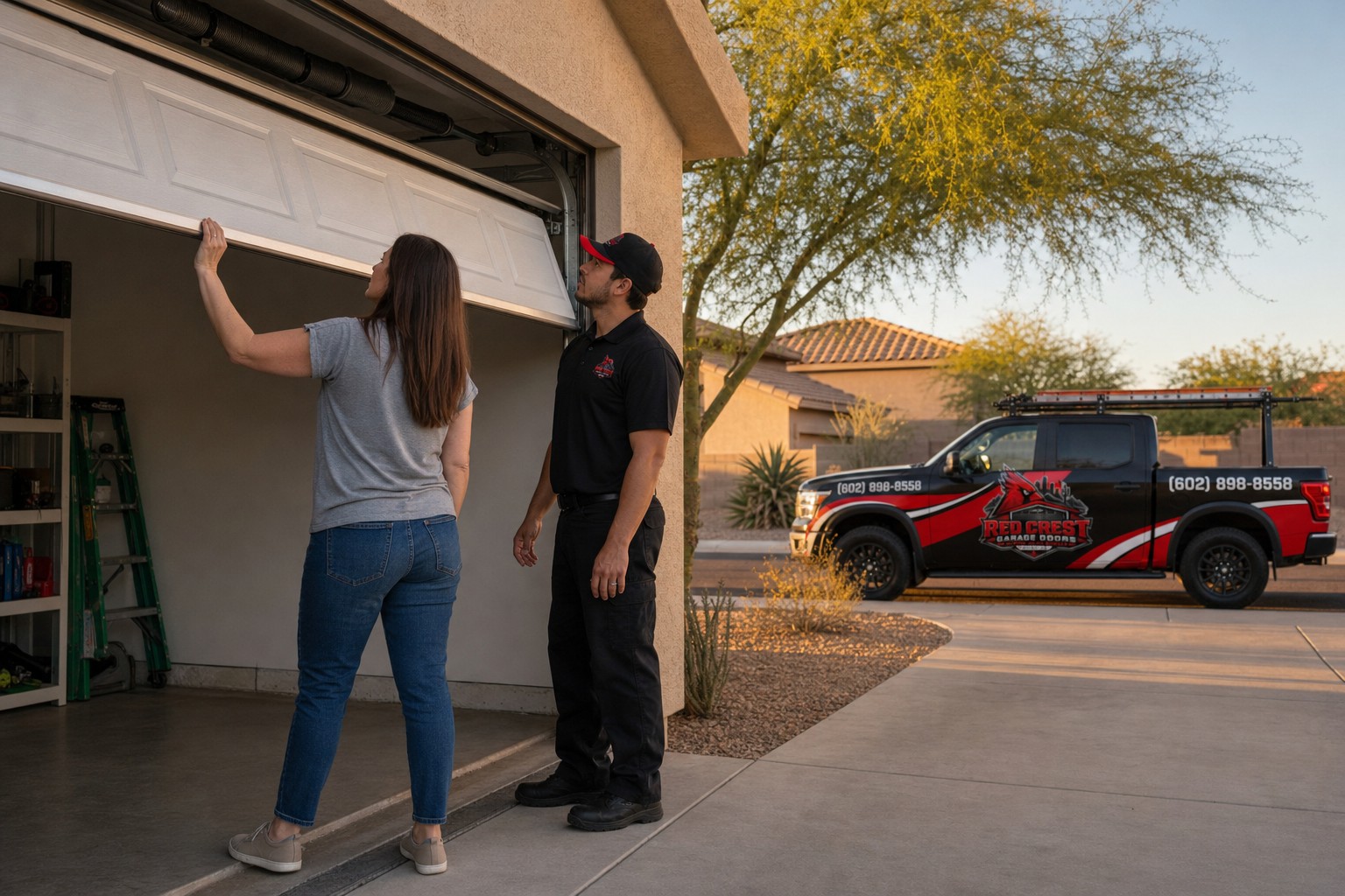 A technician and a homeowner look up at a crooked, partly raised garage door; a Red Crest truck is parked in the driveway.