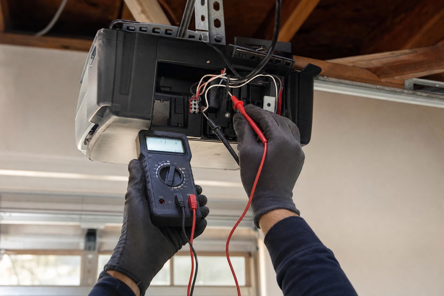 Gloved hands test a garage door opener's wiring with a multimeter, the meter display lit.