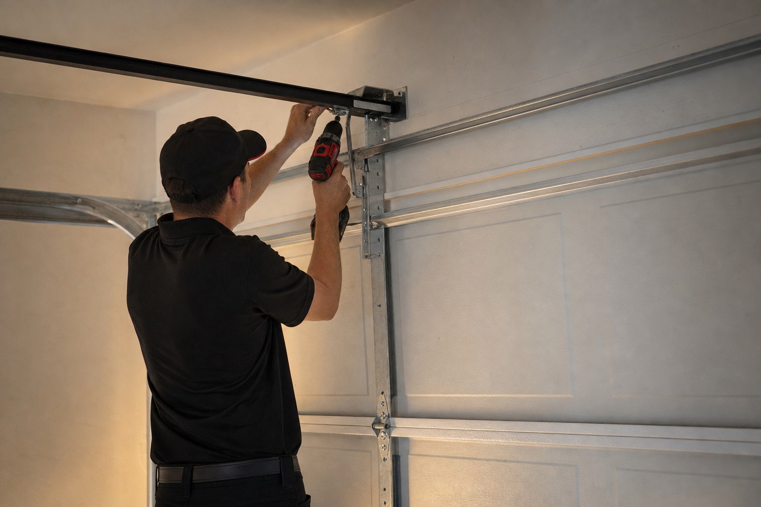 A technician drives a screw into the bracket at the top of the door track while installing a new opener rail.