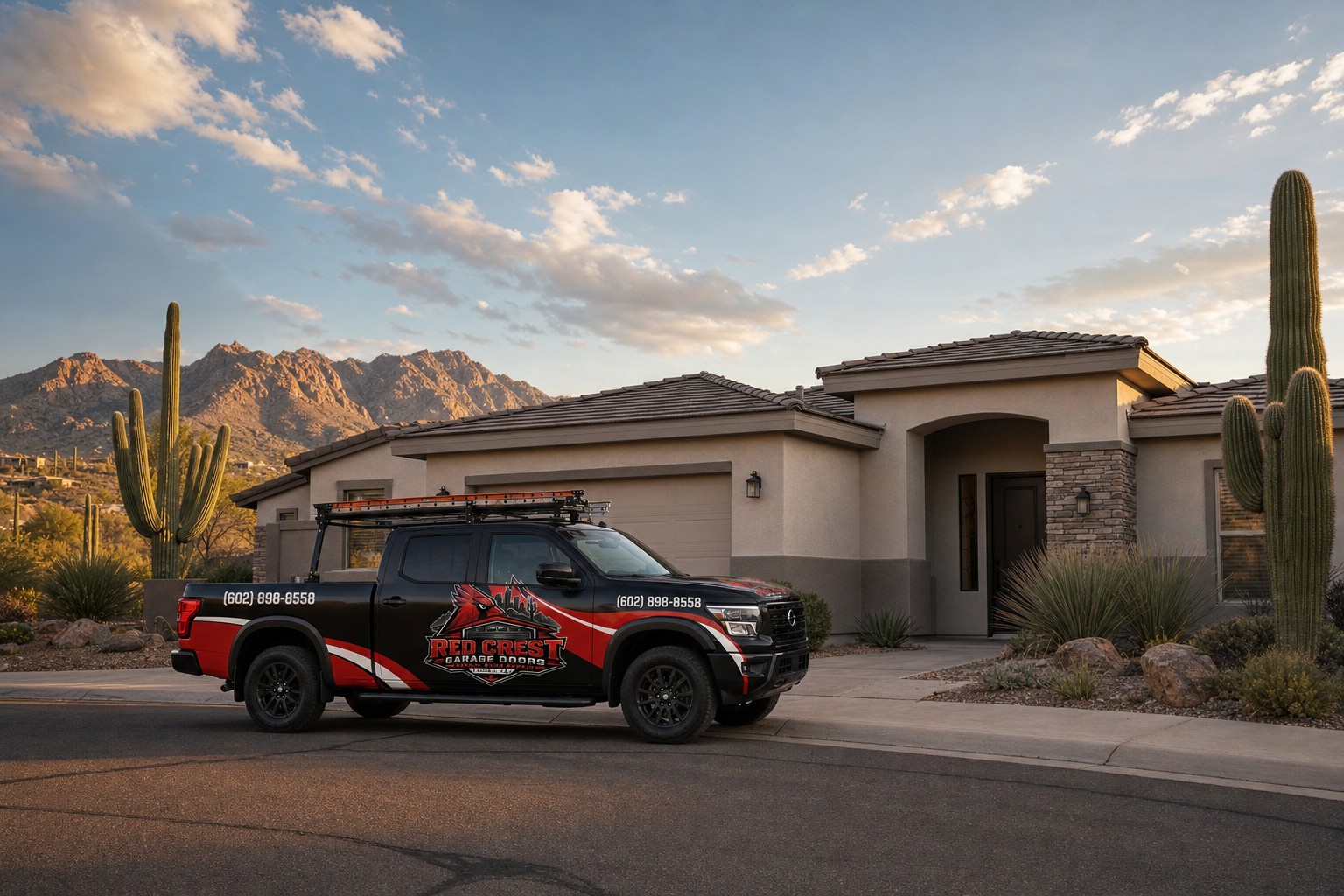 At sunrise, the Red Crest truck is parked outside a stucco home with saguaros and desert mountains behind.