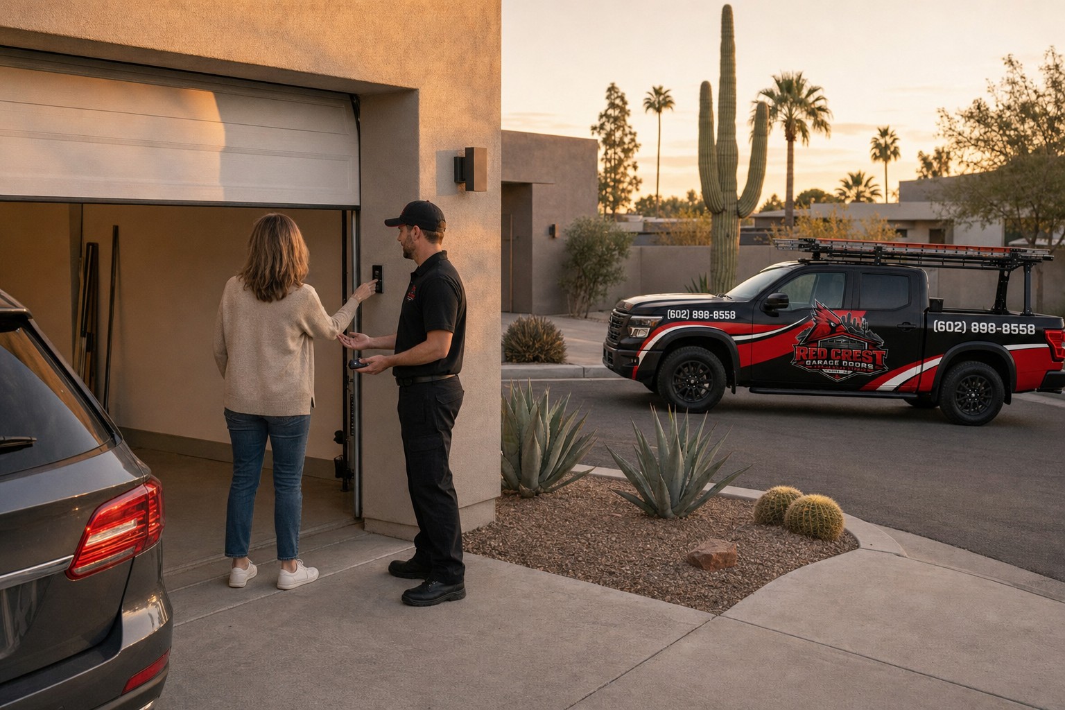 A technician holding a remote watches a homeowner press the wall button beside a partly raised garage door; a branded truck s