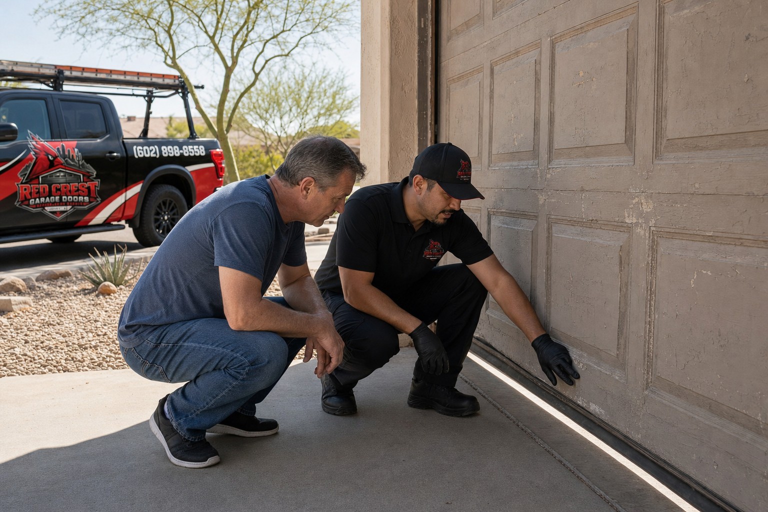 A Red Crest technician in black gloves crouches and points to the bottom of a worn panel garage door while a homeowner looks 