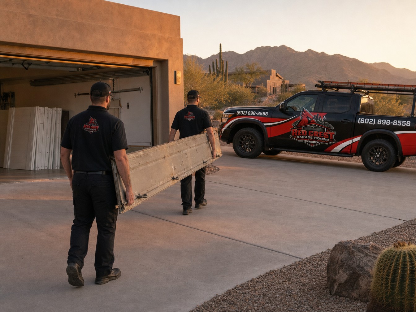 Two technicians in black Red Crest uniforms carry an old garage door panel across a driveway toward a branded truck.