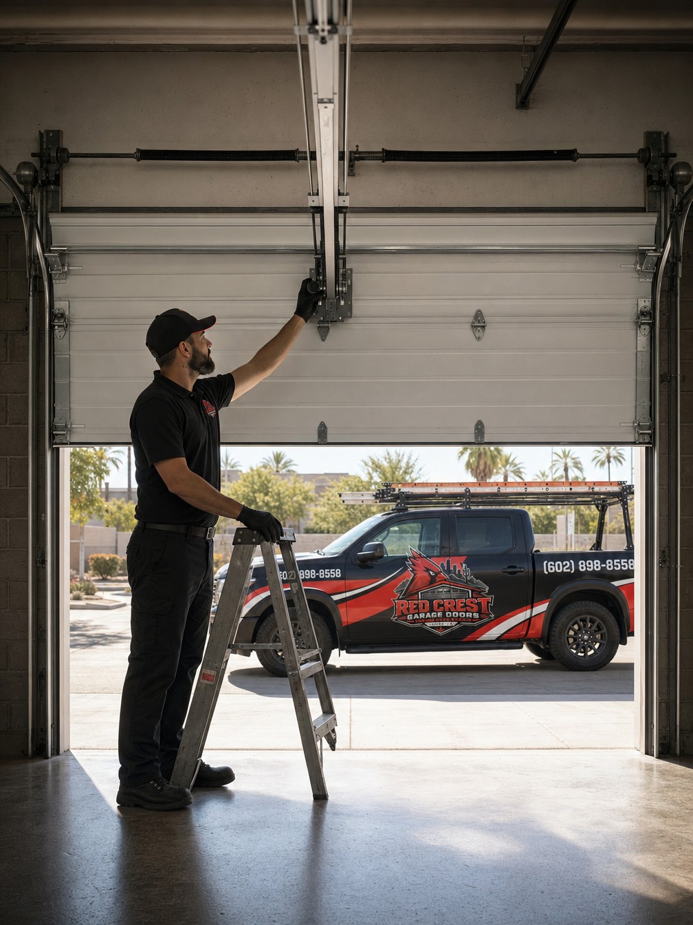 A technician in a black uniform and gloves reaches up to the track hardware on a raised white garage door; a Red Crest truck 