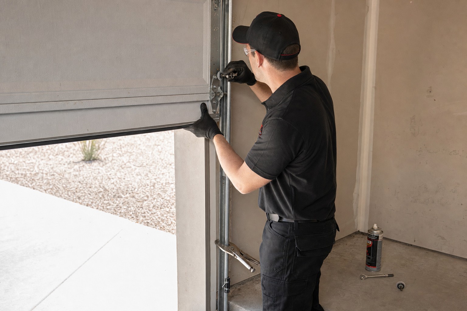 A technician in a black cap, gloves and uniform lifts a raised garage door panel and works on a roller in the side track.