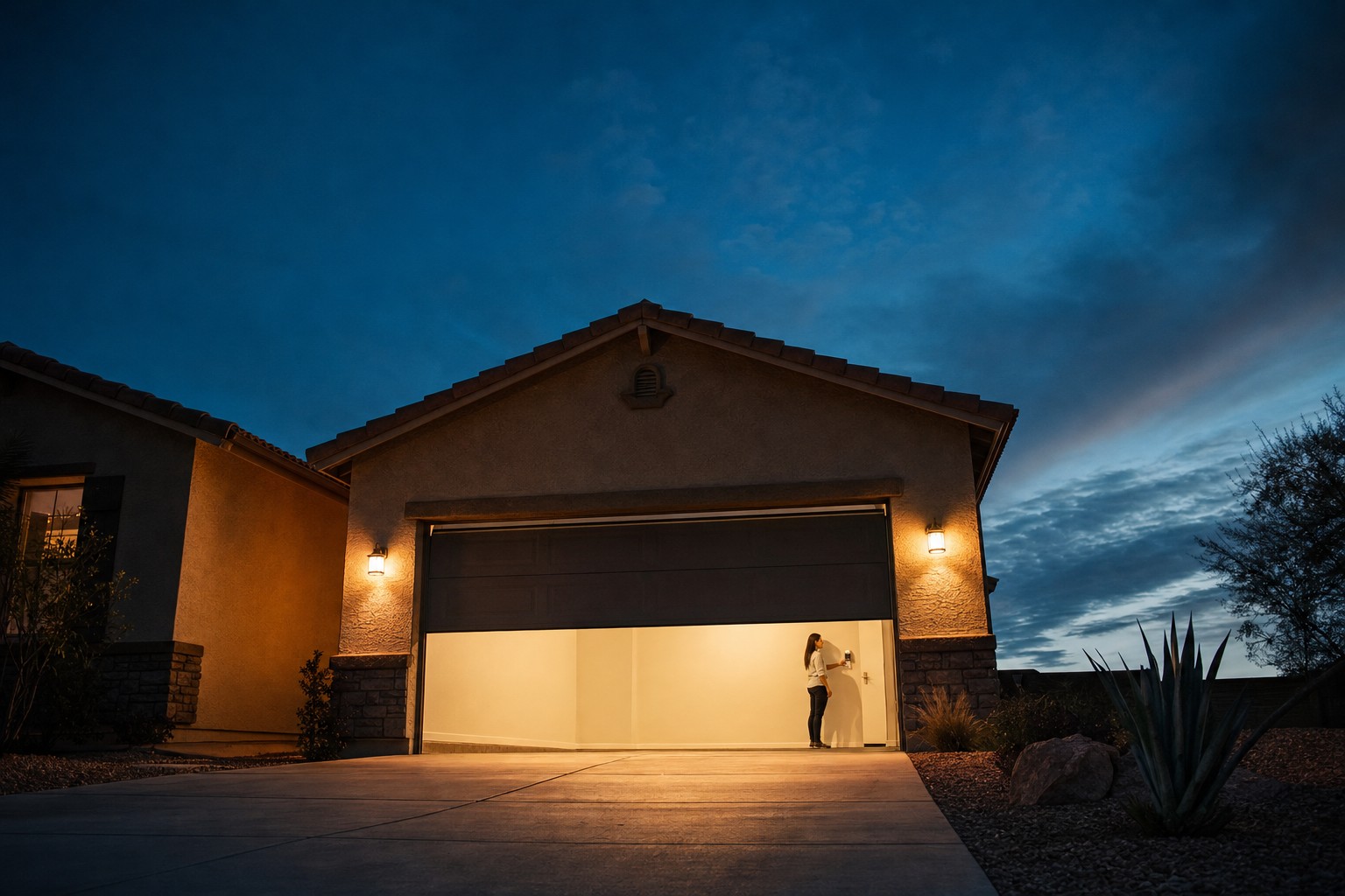 At dusk, a homeowner stands in her lit open garage as the door runs smoothly.