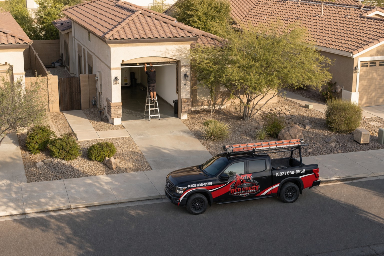 Aerial view of a Valley street: the Red Crest truck at the curb while a technician works in an open garage.