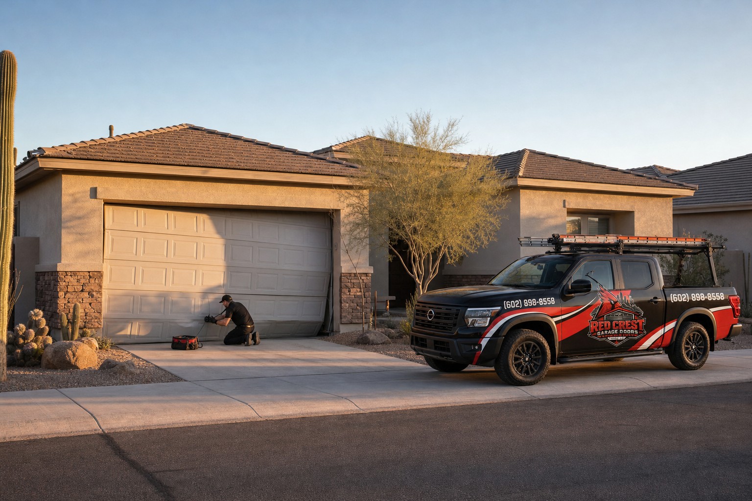 A technician in black gloves points to the frayed cable beside a garage door track while a homeowner looks on; a Red Crest tr