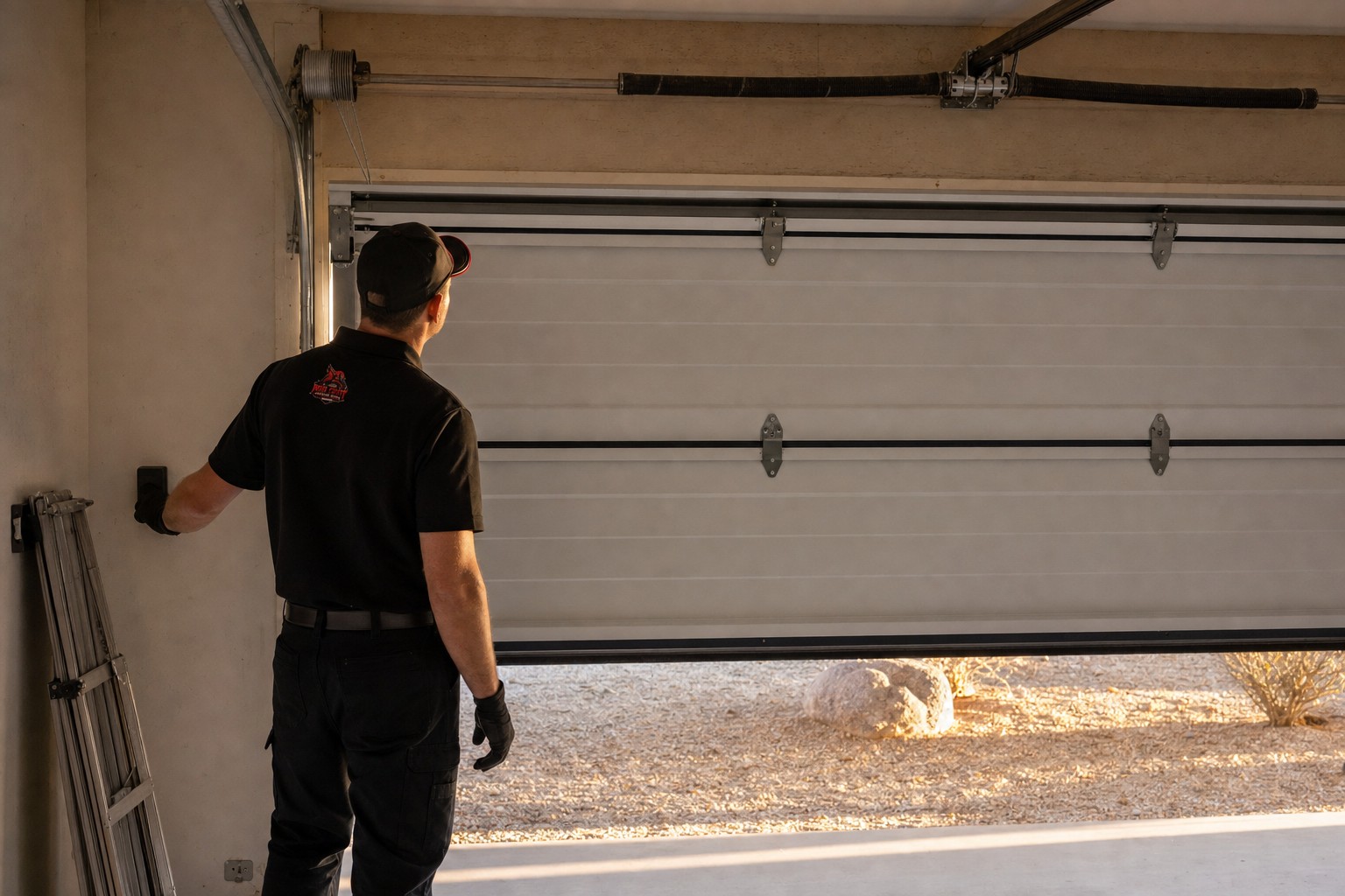 Technician in a black uniform and cap presses a wall button inside a garage as the door sits partly open above a gravel yard.