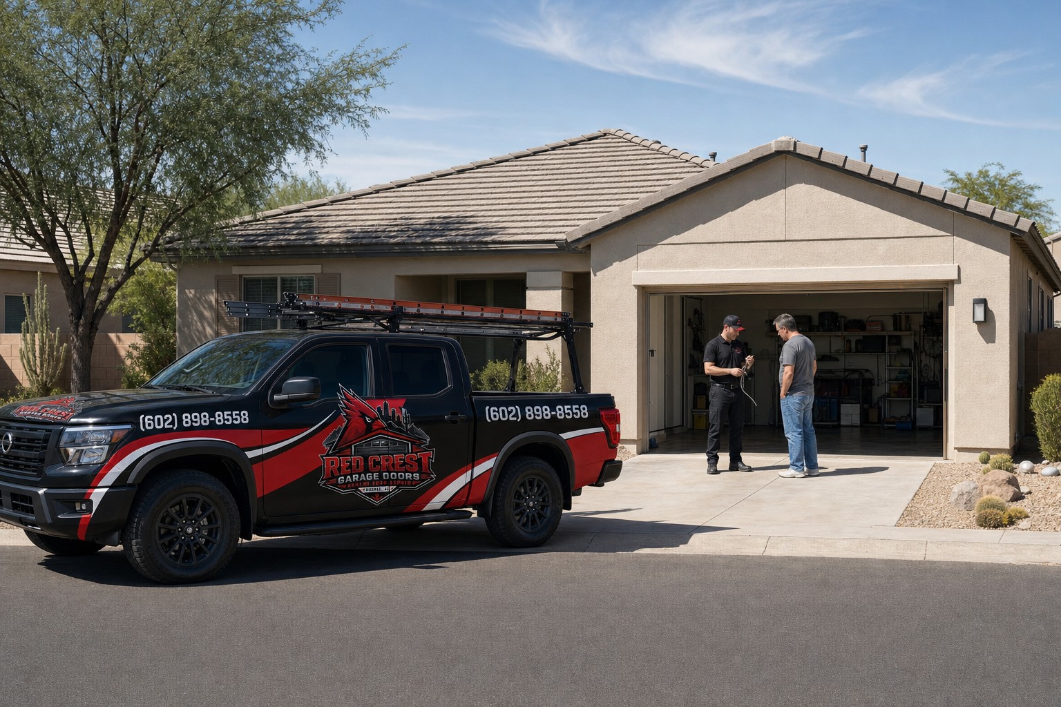 The Red Crest truck parked outside a stucco home while a technician talks with the homeowner in the open garage.