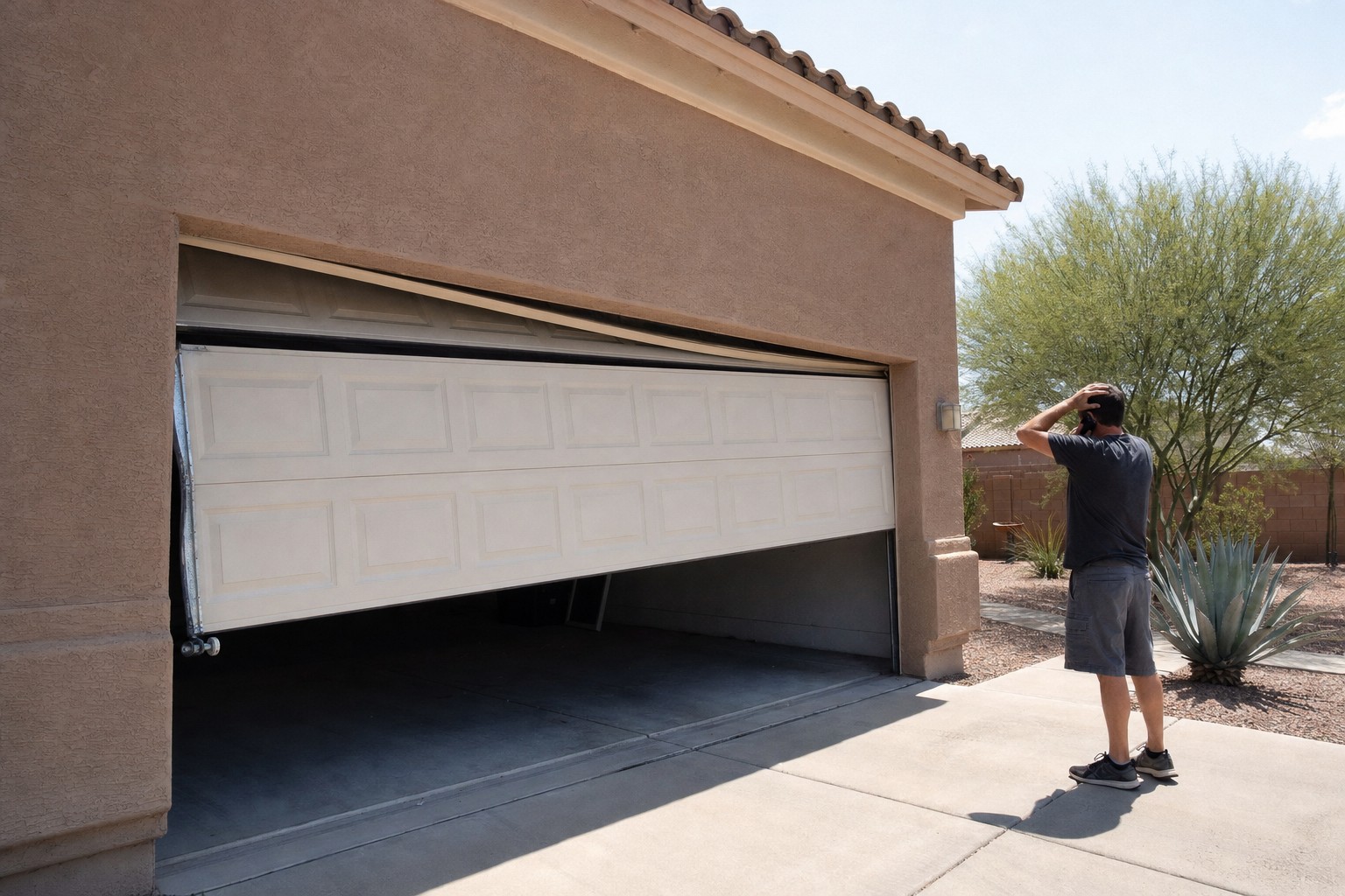 A homeowner with a hand on his head stands in the driveway looking at a garage door hanging crooked and off its track.