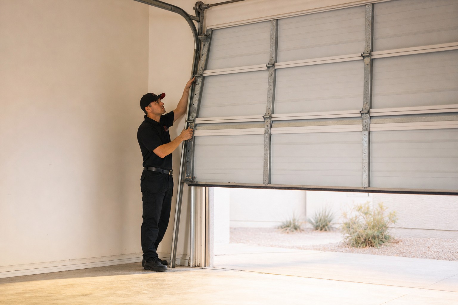 Inside the garage, a technician checks the vertical track of a partly raised garage door.