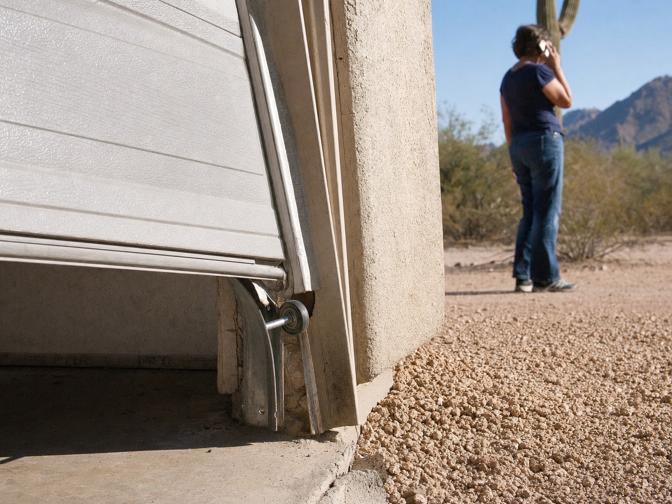 A garage door panel pulled out of its track at the bottom corner, while a woman stands in the gravel yard talking on a phone.
