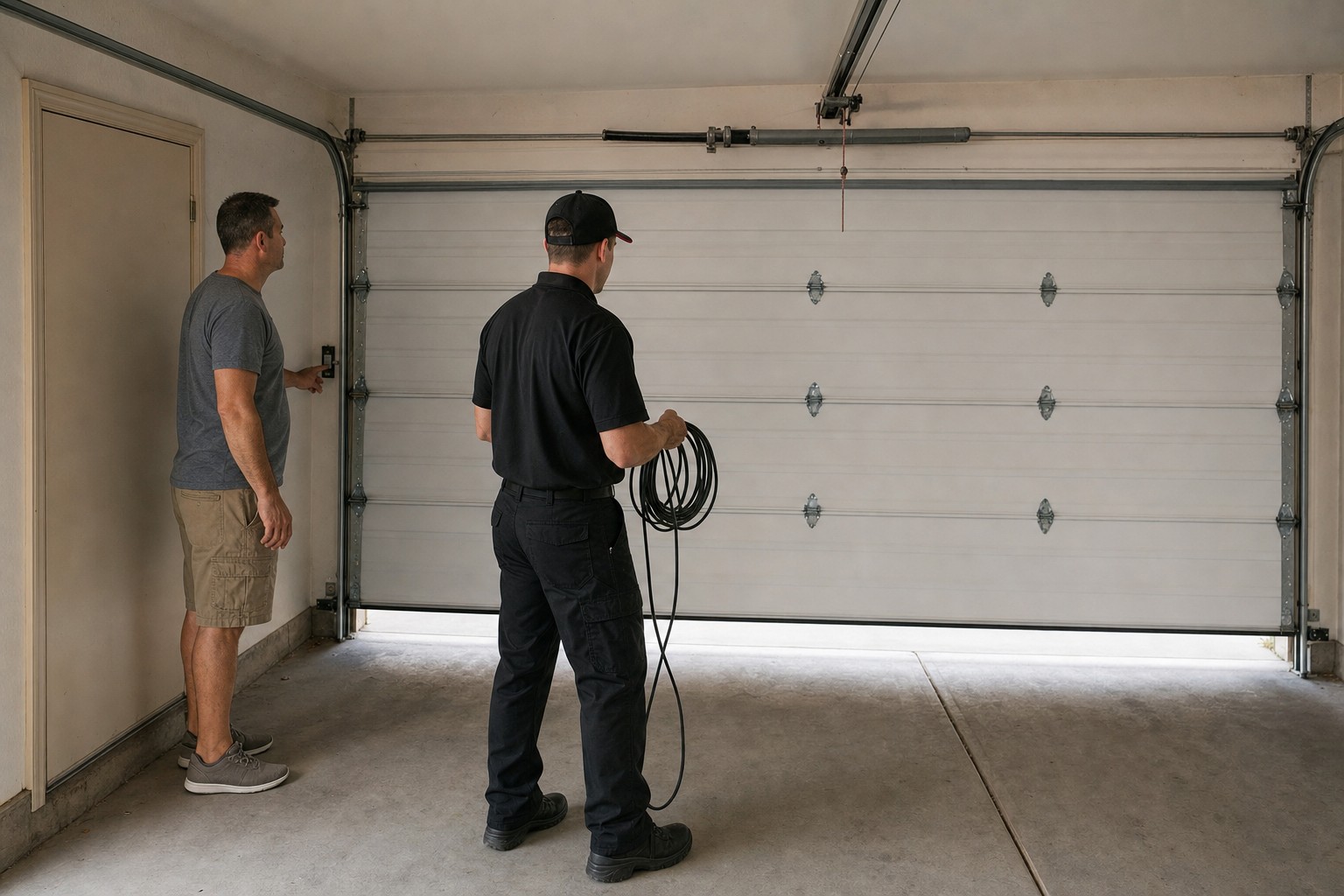 A technician in black holding a coil of cable and a homeowner pressing the wall button watch a closed garage door.