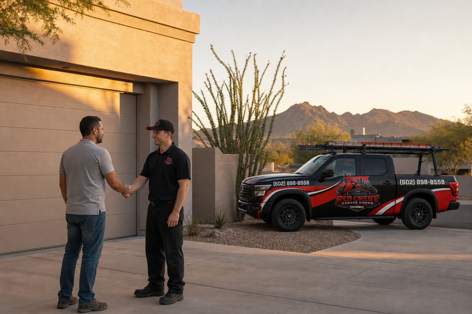 A Red Crest technician in a black uniform and cap shakes hands with a homeowner in a driveway, with the branded truck nearby.