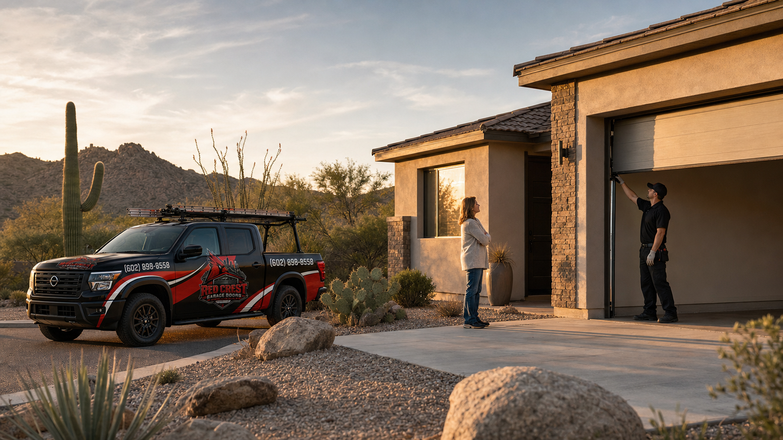 Homeowner watching a garage door rise at a desert home at first light, technician nearby