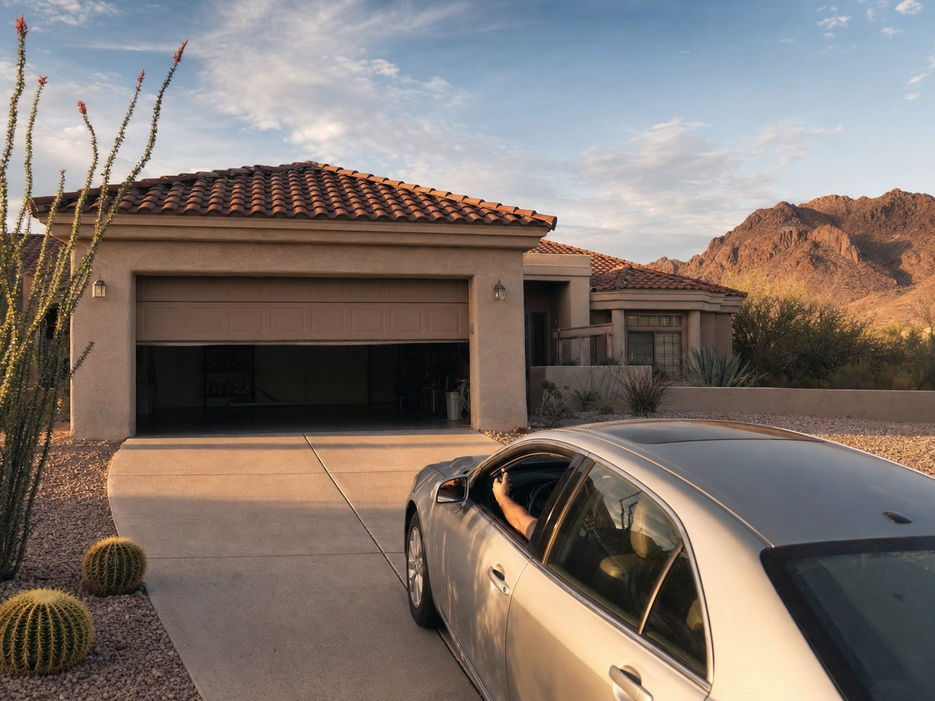 Garage door rising as a homeowner presses the remote