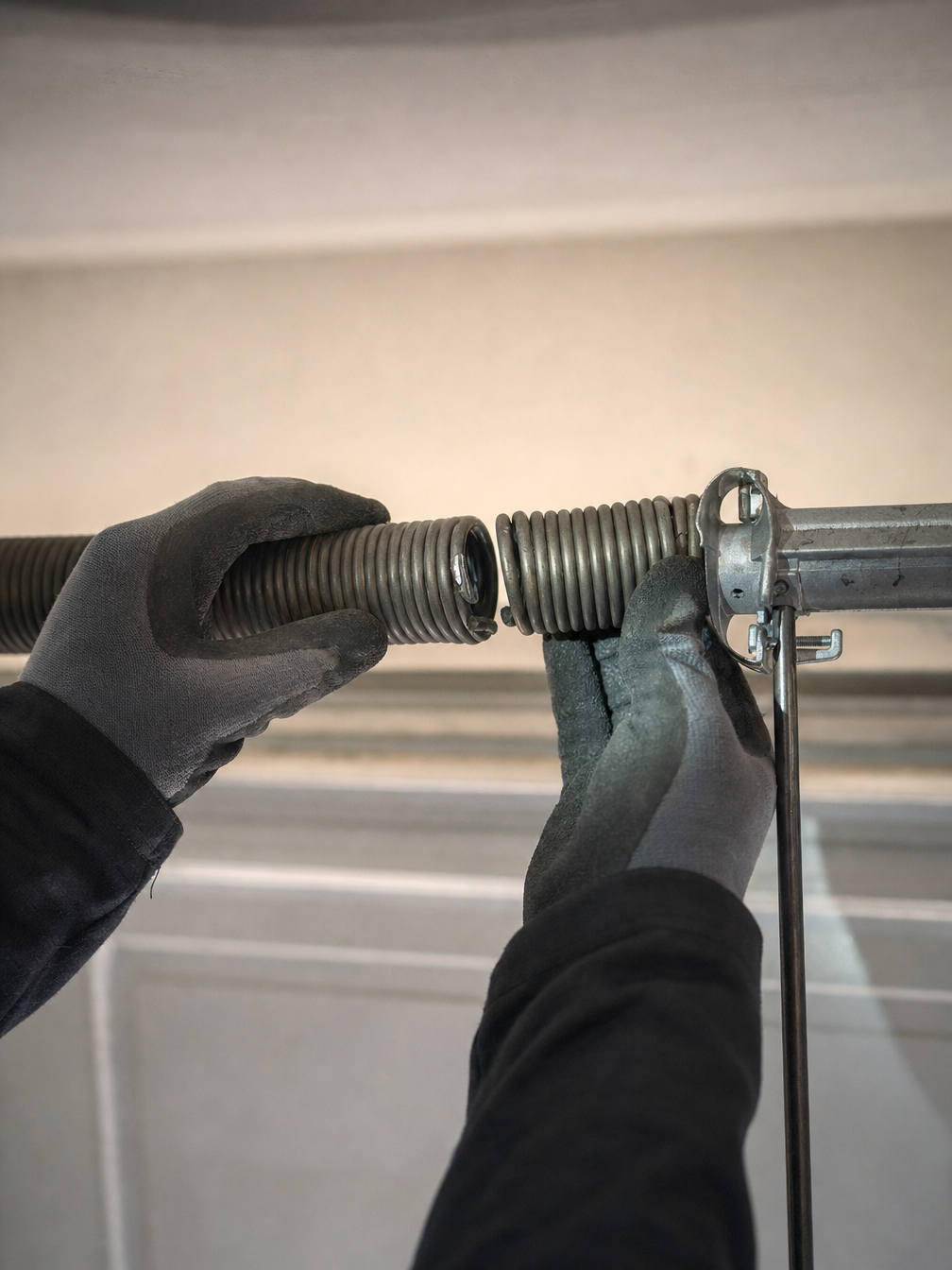 Gloved hands holding a broken torsion spring with a gap in the coil