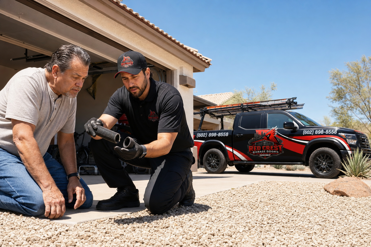 Technician shows a homeowner a broken torsion spring on a Phoenix driveway